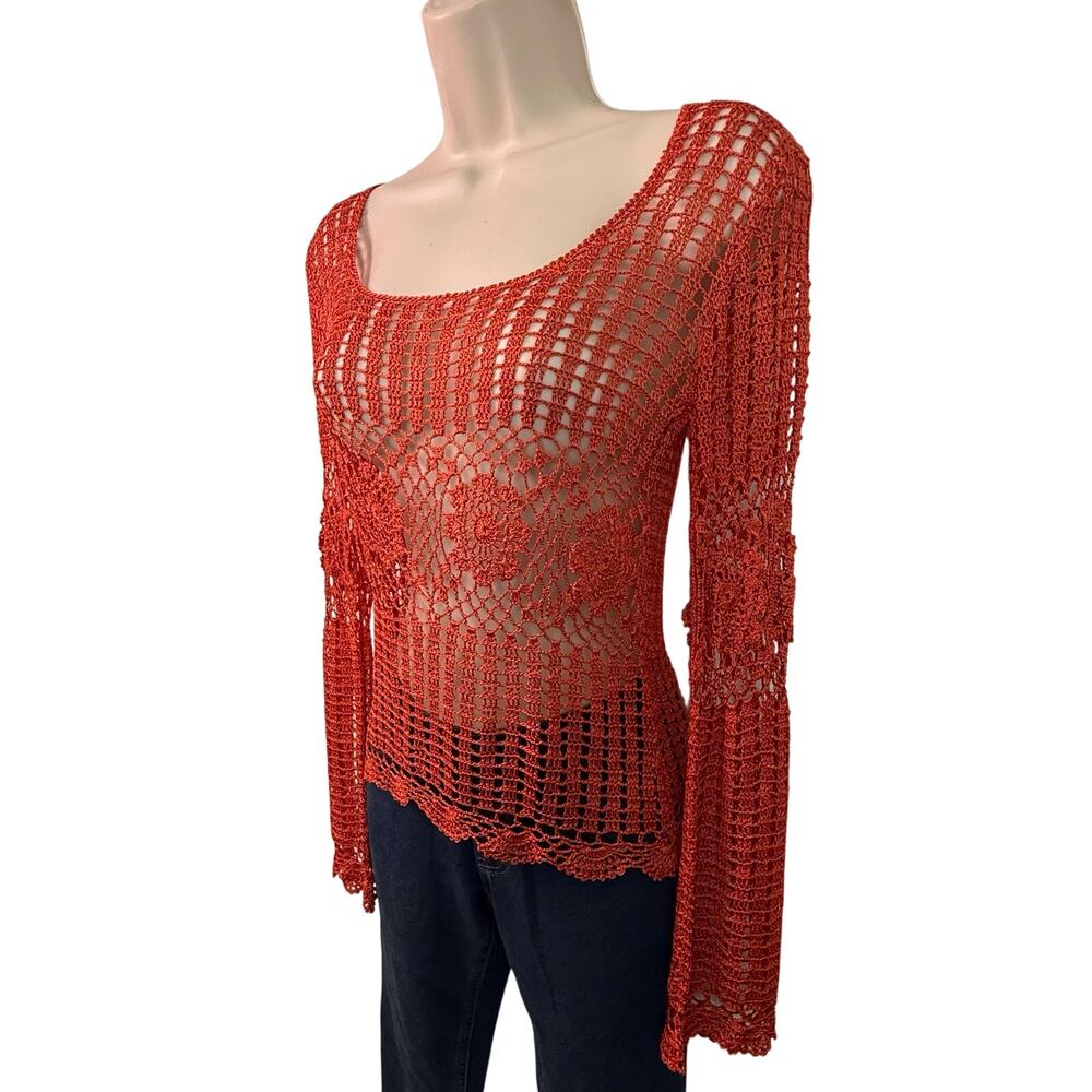 Bettie Paige Orange Crochet Long Sleeve Top Scoop neck - Picture 6 of 14